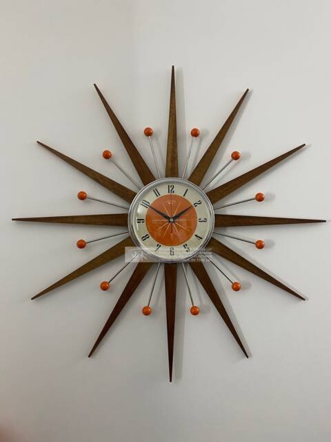 Mid Century Starburst Wall Clock Teak Rays, Tangerine Face, Atomic Balls - image 1
