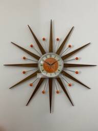 Mid Century Starburst Wall Clock Teak Rays, Tangerine Face, Atomic Balls