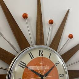 Mid Century Starburst Wall Clock Teak Rays, Tangerine Face, Atomic Balls - thumbnail 3