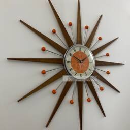 Mid Century Starburst Wall Clock Teak Rays, Tangerine Face, Atomic Balls - thumbnail 2