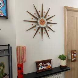 Mid Century Starburst Wall Clock Teak Rays, Tangerine Face, Atomic Balls - thumbnail 4