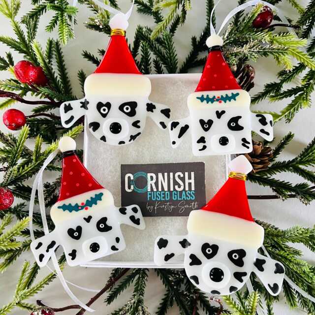 Dalmation Dog Fused Glass Christmas Decoration - Fused Glass Ornament, Dog Decoration, Santa Hat Cornish - image 1