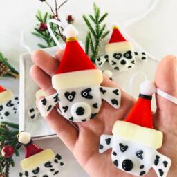 Dalmation Dog Fused Glass Christmas Decoration - Fused Glass Ornament, Dog Decoration, Santa Hat Cornish - thumbnail 2