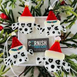 Dalmation Dog Fused Glass Christmas Decoration - Fused Glass Ornament, Dog Decoration, Santa Hat Cornish - thumbnail 3