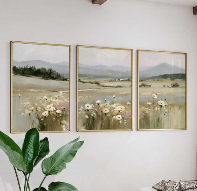 Wildflower Meadow Poster Set, Neutral Country Landscape Wall Art - image 1