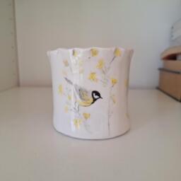Handmade Pottery Planter With Bird & Yellow Flowers, Hand Painted - thumbnail 1