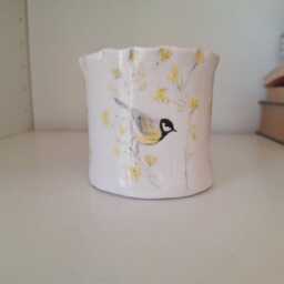 Handmade Pottery Planter With Bird & Yellow Flowers, Hand Painted - thumbnail 3