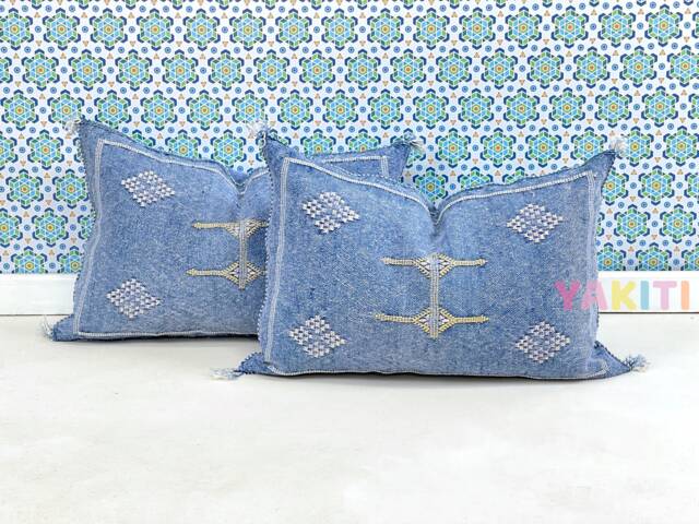 Yakiti-Blue Square Moroccan Pillows, Aka Cactus Silk Pillow, Decorative Pillows, Sabra Pillows, Moroccan Decor Designer Cactus - image 1