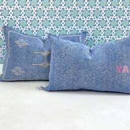 Yakiti-Blue Square Moroccan Pillows, Aka Cactus Silk Pillow, Decorative Pillows, Sabra Pillows, Moroccan Decor Designer Cactus - thumbnail 2