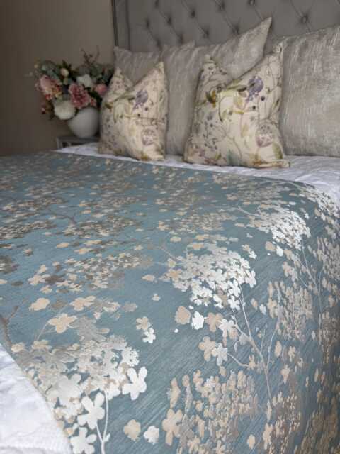 Decorative Floral Bed Runner Cover, Handmade Scarf Throw Blanket Comforter For Double, King Size, Super Bed, Darcey Duck Egg Silver - image 1