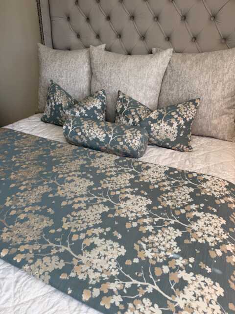 Decorative Floral Bed Runner Cover, Handmade Scarf Throw Blanket Comforter For Double, King Size, Super Bed, Darcey Duck Egg Silver - image 1