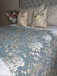 Decorative Floral Bed Runner Cover, Handmade Scarf Throw Blanket Comforter For Double, King Size, Super Bed, Darcey Duck Egg Silver - thumbnail 1