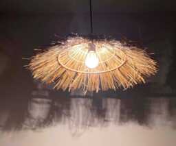 Old Fisherman Rattan & Glass Pendant Light, Ceiling Lighting Fixture, Natural Color, Width 19.5
