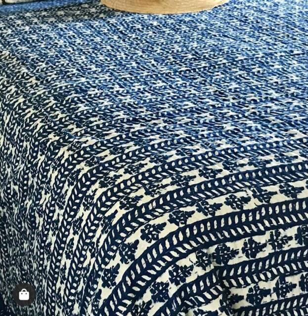 Indigo Blue Decorative Indian Handblock Print Kantha Quilt Kantha Bedspread, Coverlet Size-Queen