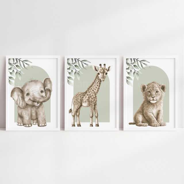 Safari Elephant Giraffe Lion Animal Baby Girls Boys A4 Or A3 Nursery Unframed Personalised Prints Unisex Neutral Boho Beige Green Jungle - image 1