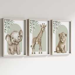 Safari Elephant Giraffe Lion Animal Baby Girls Boys A4 Or A3 Nursery Unframed Personalised Prints Unisex Neutral Boho Beige Green Jungle - thumbnail 3