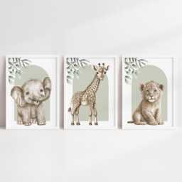 Safari Elephant Giraffe Lion Animal Baby Girls Boys A4 Or A3 Nursery Unframed Personalised Prints Unisex Neutral Boho Beige Green Jungle - thumbnail 1