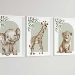 Safari Elephant Giraffe Lion Animal Baby Girls Boys A4 Or A3 Nursery Unframed Personalised Prints Unisex Neutral Boho Beige Green Jungle - thumbnail 2