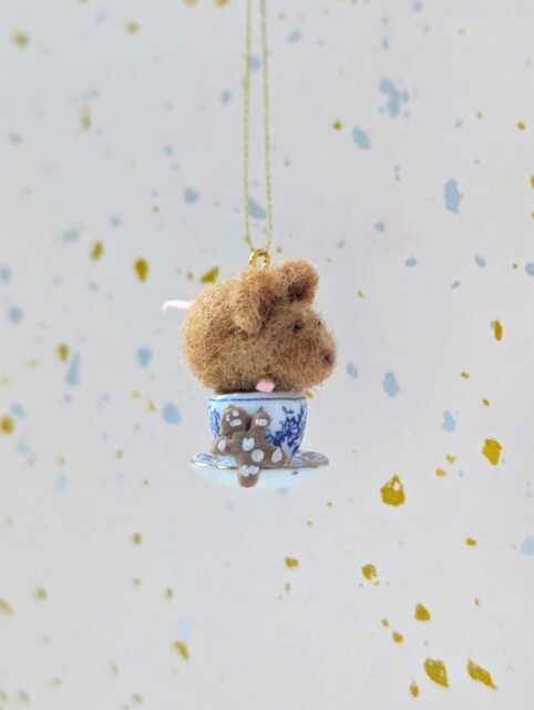 Tiny Needle Felt Mouse On A Tea Cup Christmas Tree Decoration Miniature Handmade Wool Ornament - image 1