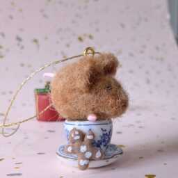 Tiny Needle Felt Mouse On A Tea Cup Christmas Tree Decoration Miniature Handmade Wool Ornament - thumbnail 2