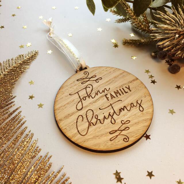Engraved Family Name Christmas Ornament Personalised Wooden Decoration - image 1