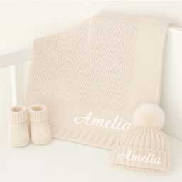 Embroidered Baby Blanket, Hat & Booties Beige Personalised - Wrap New Gift Boy Girl Unisex Babyshower Newborn Coming Home Outfit - thumbnail 2