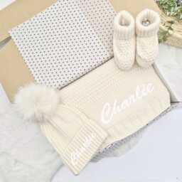 Embroidered Baby Blanket, Hat & Booties Beige Personalised - Wrap New Gift Boy Girl Unisex Babyshower Newborn Coming Home Outfit - thumbnail 3