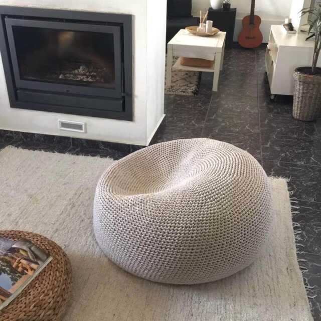 Extra Large Bean Bag Chair, Neutral Knitted Round Pouffe Seating, Recycled Cotton, Japandi Decor - image 1