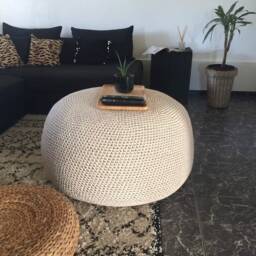 Extra Large Bean Bag Chair, Neutral Knitted Round Pouffe Seating, Recycled Cotton, Japandi Decor - thumbnail 2