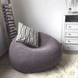 Extra Large Bean Bag Chair, Neutral Knitted Round Pouffe Seating, Recycled Cotton, Japandi Decor - thumbnail 3