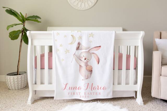 First Easter Gift, Personalized Baby Blanket, Bunny Shower Gift Birthday Animal - image 1