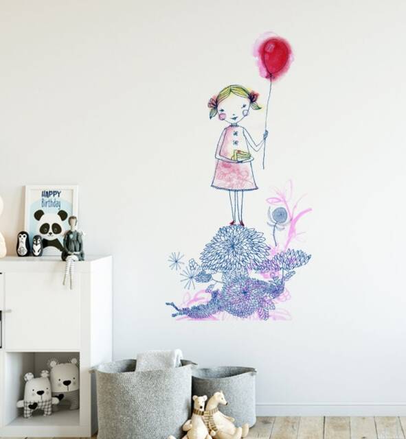 Red Balloon Girl Wall Sticker Decal - Kids Stickers, Animals Childrens Decals, Art, Room, Girl, Boy
