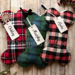 Personalized Plaid Flannel Dog Bone Stocking Handmade Christmas Decor - thumbnail 3