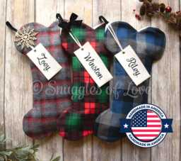Personalized Plaid Flannel Dog Bone Stocking Handmade Christmas Decor - thumbnail 1
