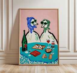 Whimsical Duck Dinner Art Print, Retro Animal Poster, Playful Wall With Wine & Oysters, Colorful Kitchen Decor - thumbnail 1