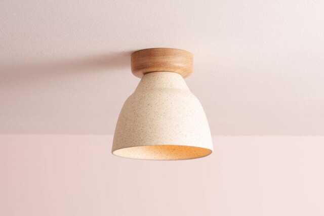 Speckled Cream Matt Small Element Flush Mount Ceiling Light in Ceramic & Oak - image 1