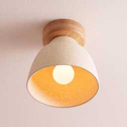 Speckled Cream Matt Small Element Flush Mount Ceiling Light in Ceramic & Oak - thumbnail 2