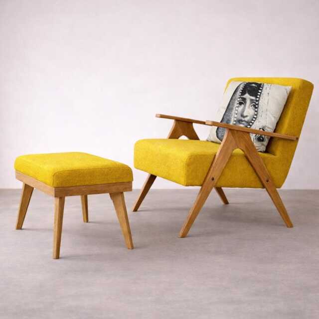 Mid Century Armchair & Ottoman Set, Yellow Upholstery, Lounge Chair - image 1