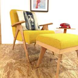 Mid Century Armchair & Ottoman Set, Yellow Upholstery, Lounge Chair - thumbnail 2