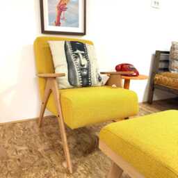 Mid Century Armchair & Ottoman Set, Yellow Upholstery, Lounge Chair - thumbnail 3