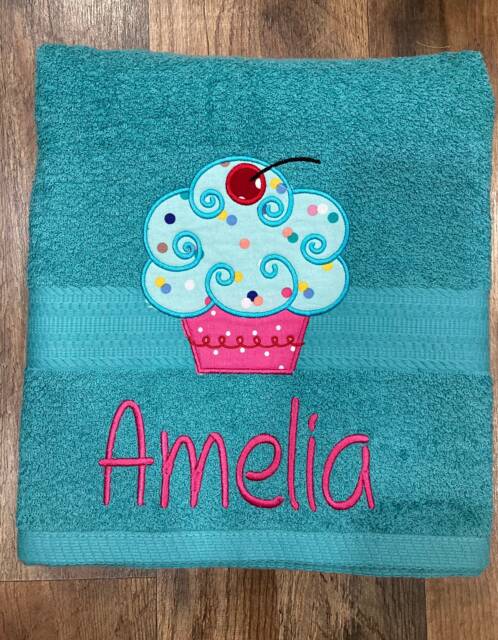 Personalized Cupcake Applique Bath Towel Embroidered 100% Cotton Name Towel - image 1