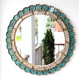 Round New Turquoise & Gold Mirror 60cm - Boho Sunburst Wall Handmade Peruvian Decorative Statement