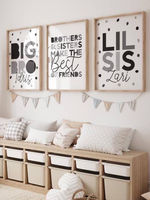 Set Of 3 Brother Sister Print, Bedroom Prints, Sibling Black White Grey, Siblings Wall Art, Playroom, Games Room - image 1