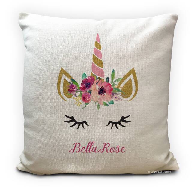 Personalised Unicorn Cushion Cover Childrens Name Floral Fantasy Illustration Pillow, Home Decor Furnishing, 16 Inches 40cm, High Quality - image 1