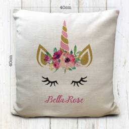 Personalised Unicorn Cushion Cover Childrens Name Floral Fantasy Illustration Pillow, Home Decor Furnishing, 16 Inches 40cm, High Quality - thumbnail 2