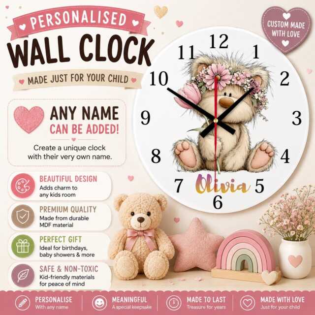 Personalised Flower Teddy Bear Wall Clock, Woodland Nursery Decor, Custom Name Mdf Clock - image 1