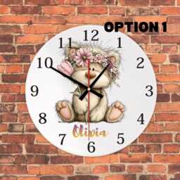 Personalised Flower Teddy Bear Wall Clock, Woodland Nursery Decor, Custom Name Mdf Clock - thumbnail 2