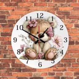 Personalised Flower Teddy Bear Wall Clock, Woodland Nursery Decor, Custom Name Mdf Clock - thumbnail 4