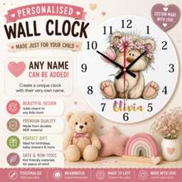 Personalised Flower Teddy Bear Wall Clock, Woodland Nursery Decor, Custom Name Mdf Clock - thumbnail 1