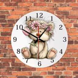 Personalised Flower Teddy Bear Wall Clock, Woodland Nursery Decor, Custom Name Mdf Clock - thumbnail 3